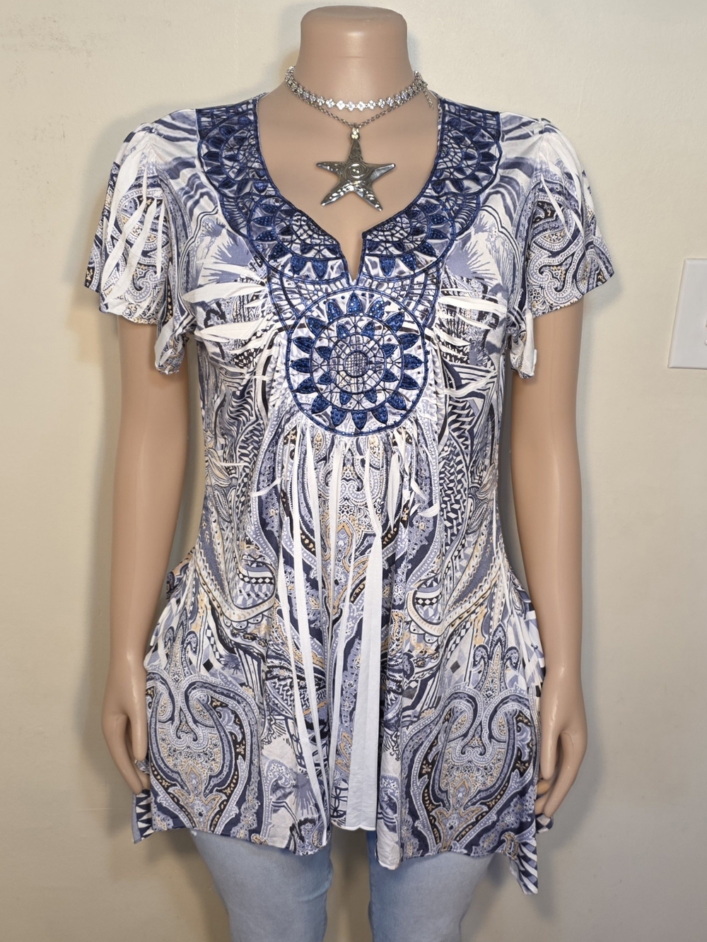 World Unity Navy and White Paisley Fringe Tunic Top